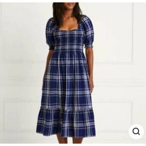 Hill House Blue Plaid Puff Sleeve Tiered Smocked Midi Louisa Nap Dress Size XL